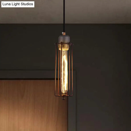 Vintage Style Metal Tube Pendant Light With Wire Cage And Adjustable Cord - Restaurant Ceiling