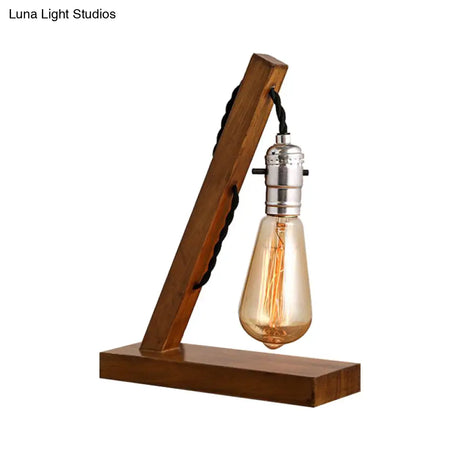 Vintage Style Mini Wooden Table Lamp With Open Bulb And Plug-In Cord - Light Brown