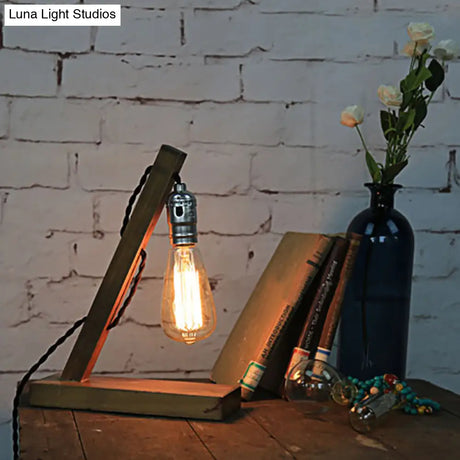 Vintage Style Mini Wooden Table Lamp With Open Bulb And Plug-In Cord - Light Brown
