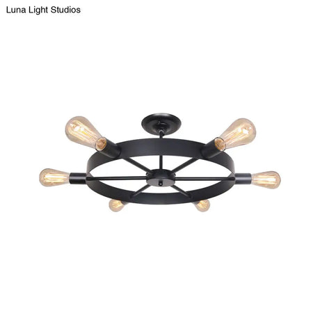 Vintage Style Rudder Restaurant Ceiling Light With 6 Bare Bulb Semi Flush Mount - Black