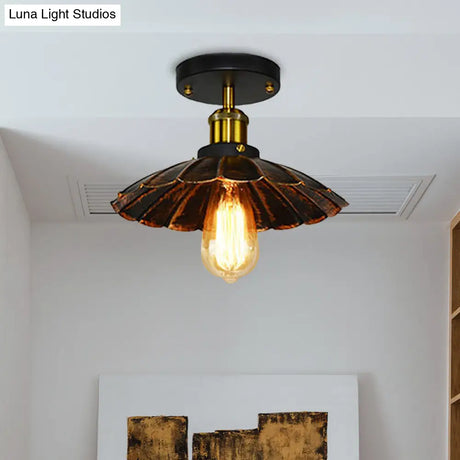 Vintage Style Scalloped Edge Balcony Semi Flush Ceiling Light In Black/Rust With 1 Metal Fixture