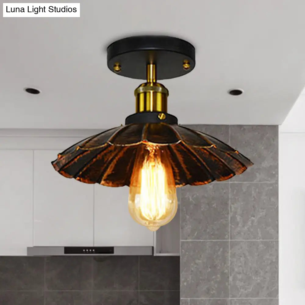 Vintage Style Scalloped Edge Balcony Semi Flush Ceiling Light In Black/Rust With 1 Metal Fixture