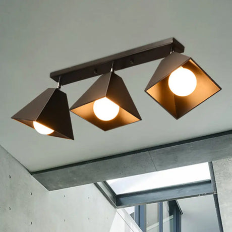 Vintage Style Semi Flush Mount Ceiling Light For Corridor - Black/White Metallic 1/3-Bulb Pyramid