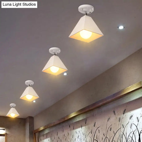 Vintage Style Semi Flush Mount Ceiling Light For Corridor - Black/White Metallic 1/3-Bulb Pyramid