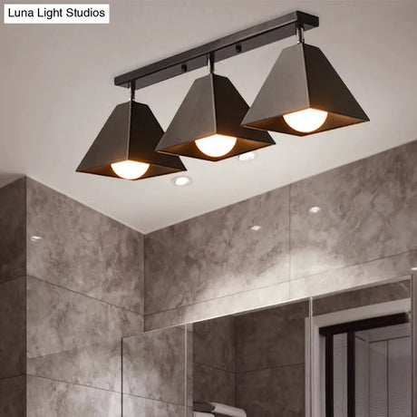 Vintage Style Semi Flush Mount Ceiling Light For Corridor - Black/White Metallic 1/3-Bulb Pyramid
