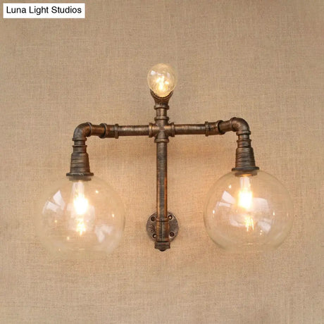 Vintage Style Wall Sconce Lighting: Glass Clear Mounted Global Shade 2/3 Lights With Pipe For Living