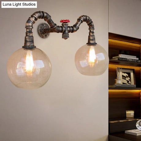 Vintage Style Wall Sconce Lighting: Glass Clear Mounted Global Shade 2/3 Lights With Pipe For Living
