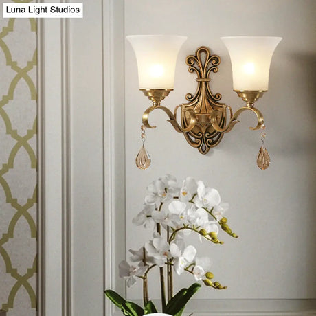 Vintage-Style White Glass Bell Wall Sconce Light With Brass Finish And Crystal Accent For Bedroom