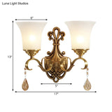Vintage-Style White Glass Bell Wall Sconce Light With Brass Finish And Crystal Accent For Bedroom