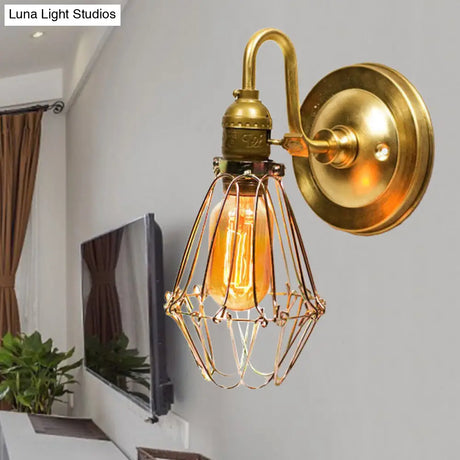 Vintage Stylish Polished Brass Wire Guard Wall Sconce - 1 Light Corridor With Gooseneck Arm
