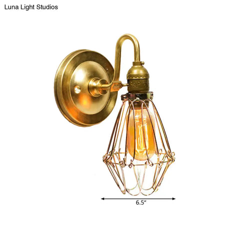 Vintage Stylish Polished Brass Wire Guard Wall Sconce - 1 Light Corridor With Gooseneck Arm