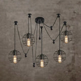 Vintage Swag Design Living Room Hanging Fixture With Globe/Cone Cage Shade - 5 Head Black Suspended