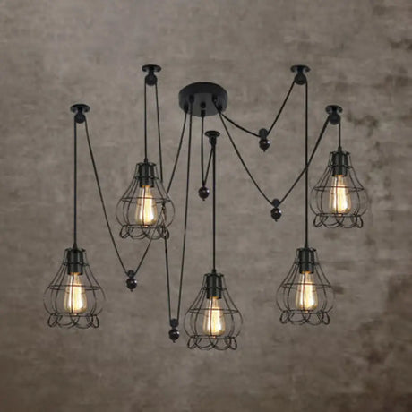 Vintage Swag Design Living Room Hanging Fixture With Globe/Cone Cage Shade - 5 Head Black Suspended