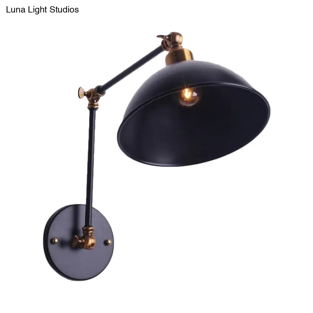 Vintage Swing Arm Wall Sconce Light With Bowl Shade - Black Metal Perfect For Stairways