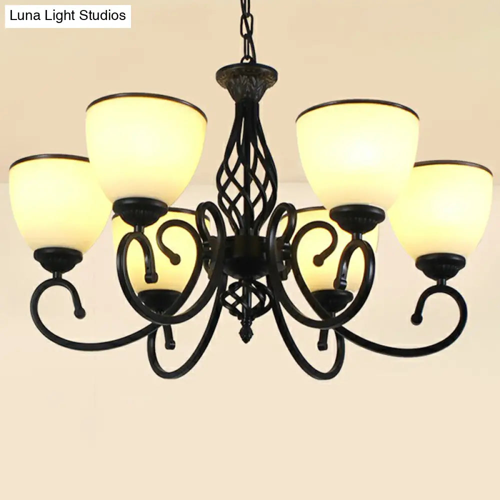 Vintage Swirled Arm Metallic Chandelier Pendant Light With Bell Frost Glass Shade For Living Room