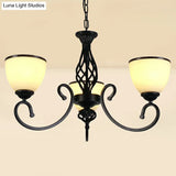 Vintage Swirled Arm Metallic Chandelier Pendant Light With Bell Frost Glass Shade For Living Room