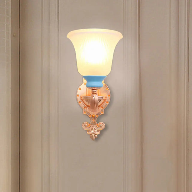 Vintage Swirled Arm Wall Light - Gold Metal Mounted Lighting With Frosted Ribbed Glass Shade 1 /