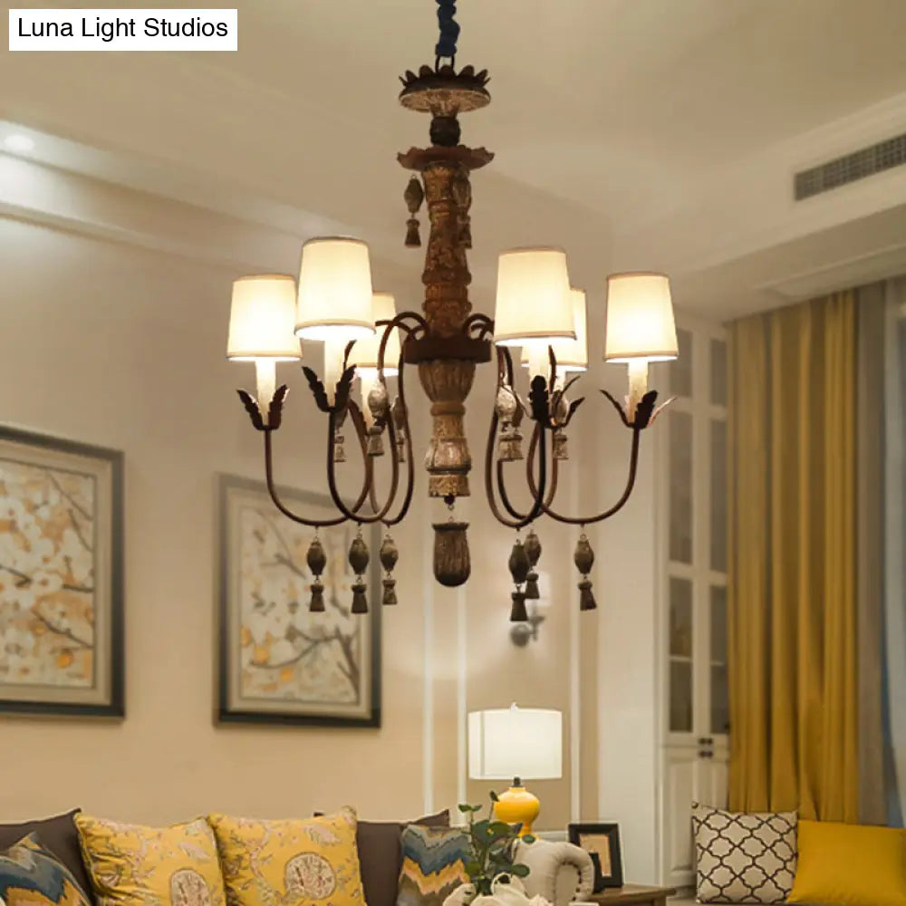 Vintage Tapered Fabric Chandelier With 6 Lights - Black And Wood Hanging Light Fixture For Bedroom