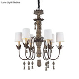 Vintage Tapered Fabric Chandelier With 6 Lights - Black And Wood Hanging Light Fixture For Bedroom