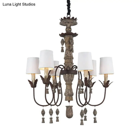 Vintage Tapered Fabric Chandelier With 6 Lights - Black And Wood Hanging Light Fixture For Bedroom