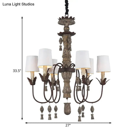 Vintage Tapered Fabric Chandelier With 6 Lights - Black And Wood Hanging Light Fixture For Bedroom