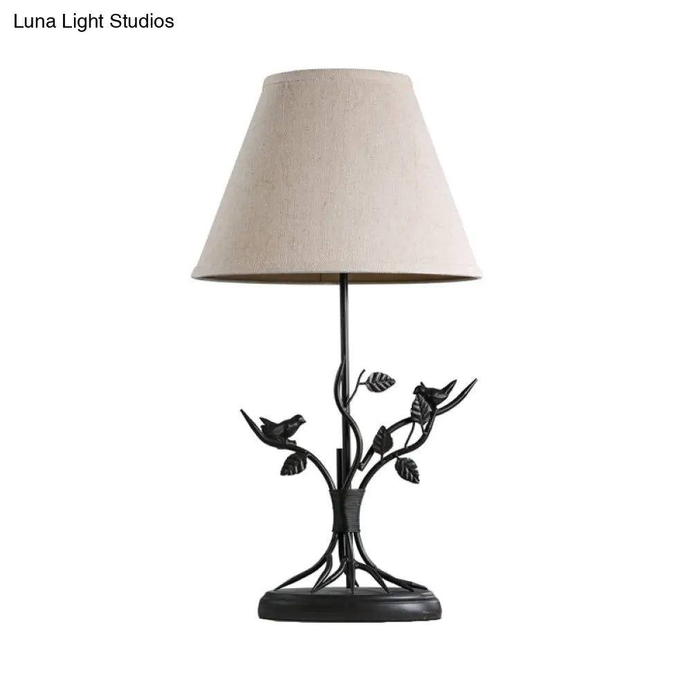 Vintage Tapered Fabric Table Light With Branch Design - White 1 Head Nightstand Lighting For Living