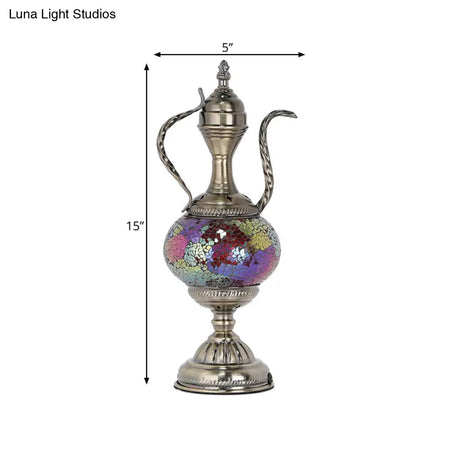 Vintage Teapot Night Table Lamp - Pink/Purple/Blue Stained Glass Bedroom Nightstand Light