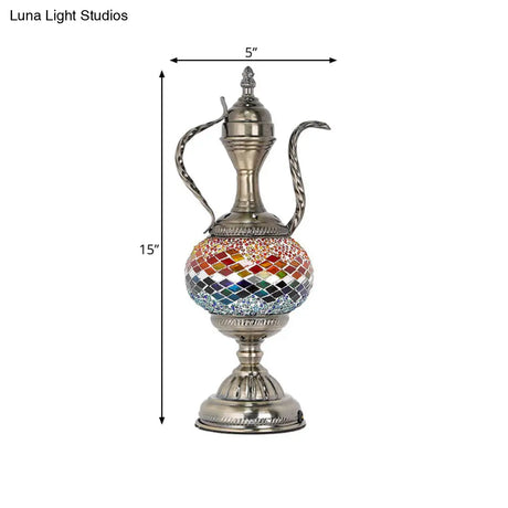 Vintage Teapot Night Table Lamp - Pink/Purple/Blue Stained Glass Bedroom Nightstand Light