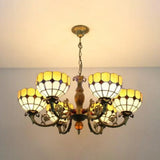 Vintage Tiffany Art Glass Chandelier - Yellow Grid Bowl Pendant Light With 6 Lights For Hallway