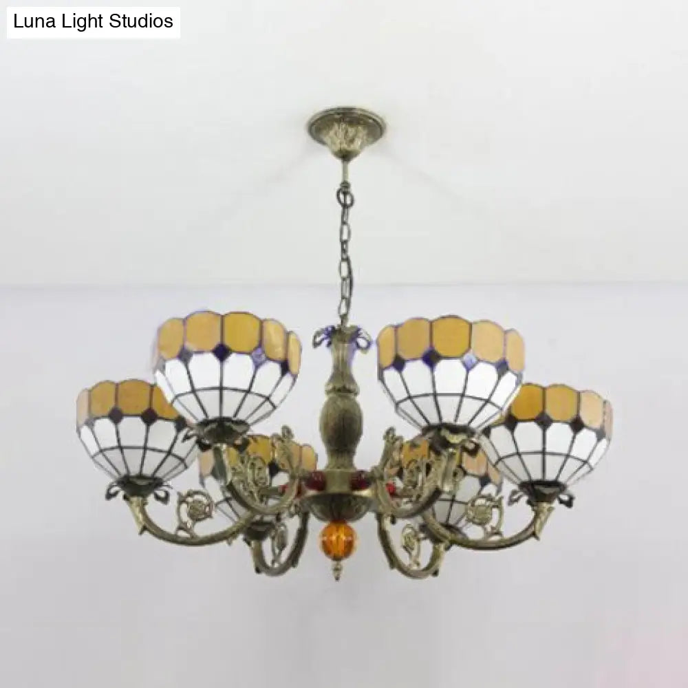 Yellow Grid Bowl Pendant Light - Tiffany Antique Art Glass Chandelier (6-Light) For Hallway
