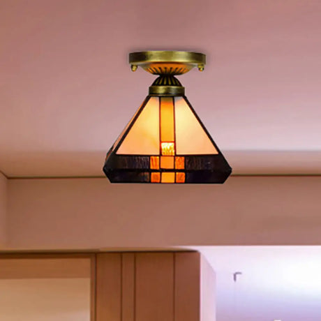 Vintage Tiffany Craftsman Flush Ceiling Light In Black/Antique Brass - Stained Glass Lamp For