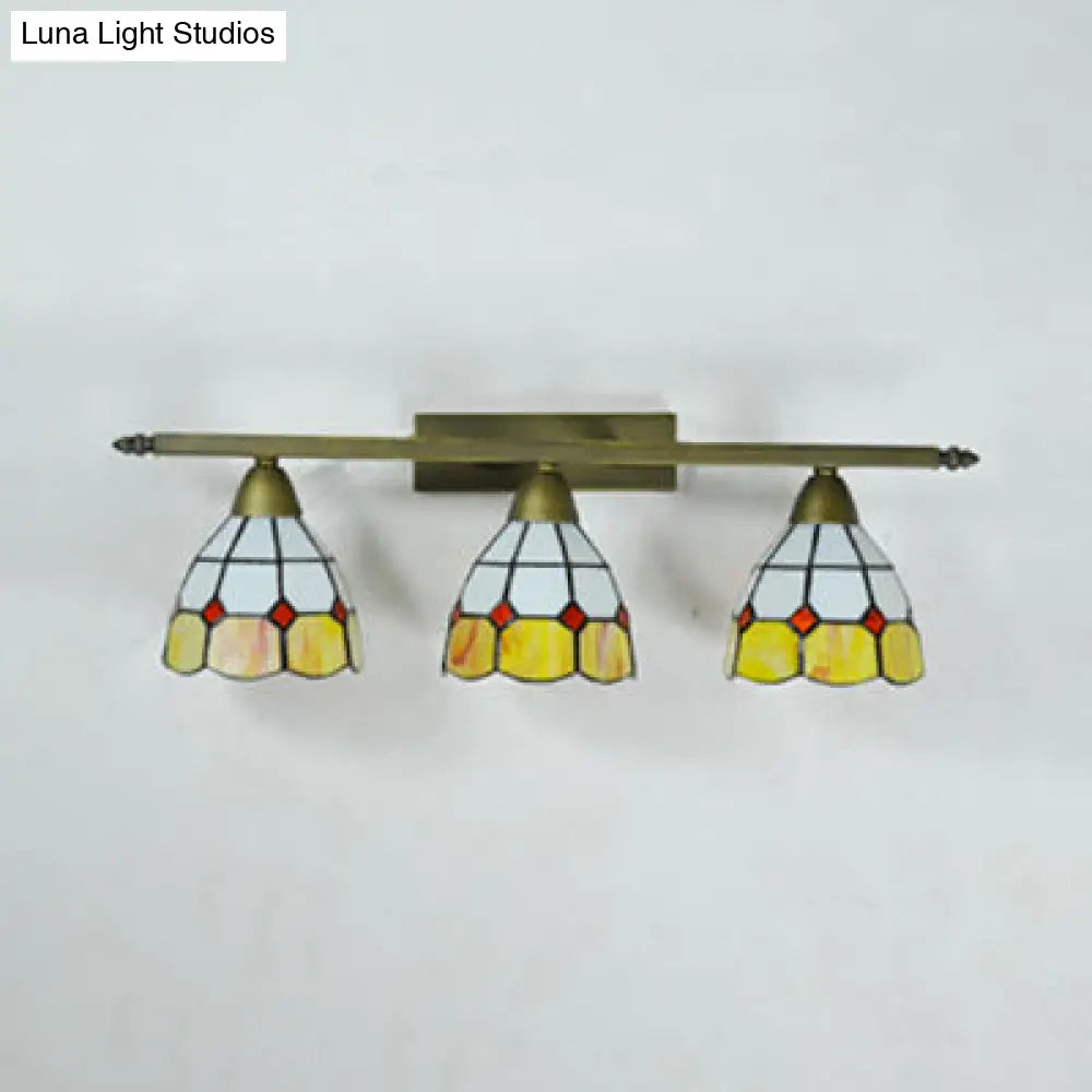 Vintage Tiffany Dome Wall Sconce Lamp Brass Finish - Yellow/Pink/Green/Blue 3 Lights For Bathroom