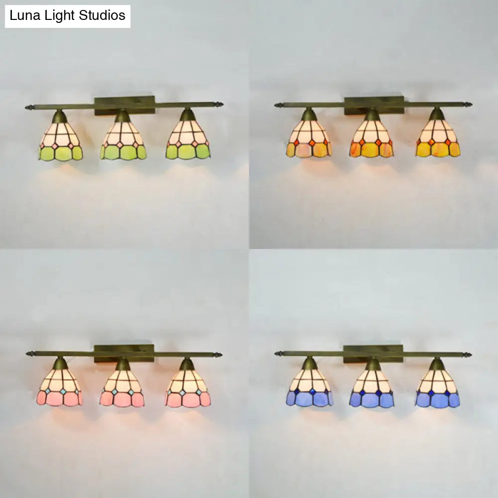 Vintage Tiffany Dome Wall Sconce Lamp Brass Finish - Yellow/Pink/Green/Blue 3 Lights For Bathroom