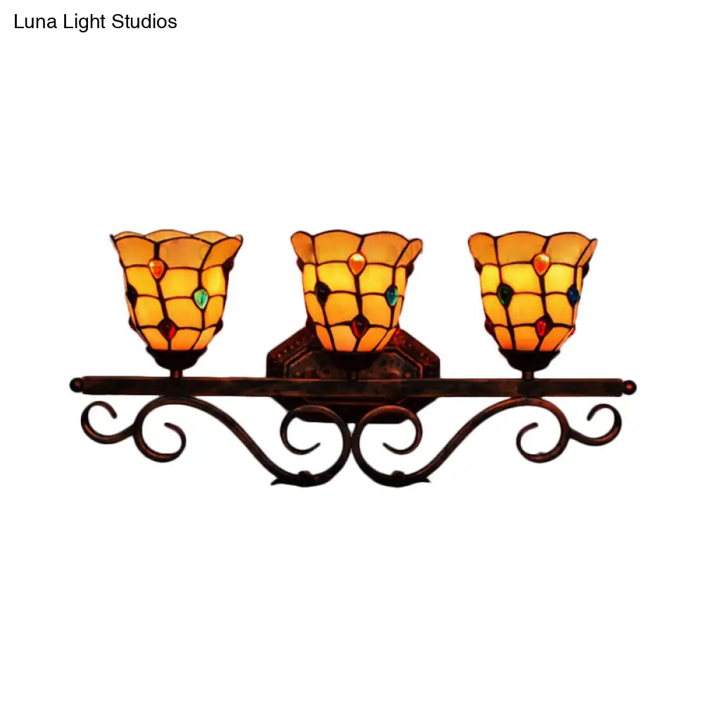 Vintage Tiffany Stained Glass 3-Light Vanity Sconce In Yellow/Red/Clear For Bathroom