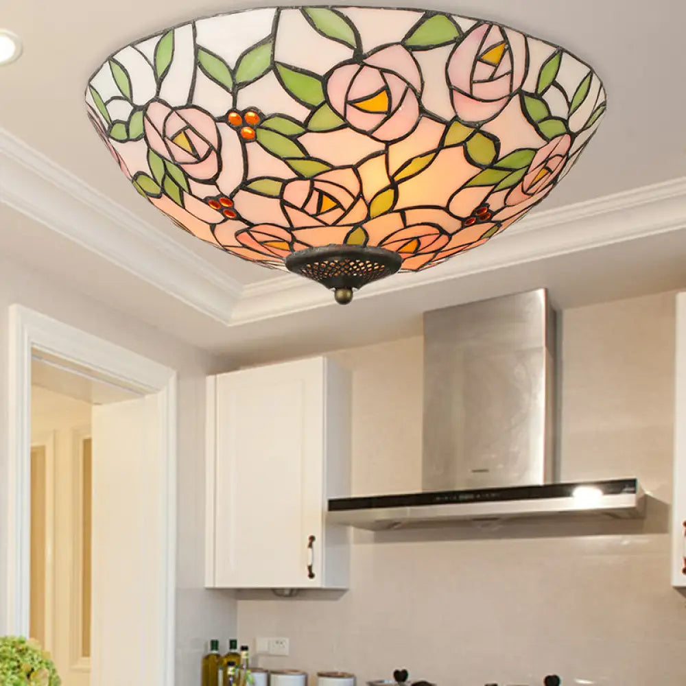 Vintage Tiffany Stained Glass Flush Ceiling Light With Pink And Green Bowl Design 3 / Pink - Green