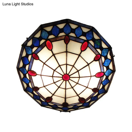 Vintage Tiffany Style Stained Glass Flush Ceiling Light - 3 Lights Art Deco Design Rhombus Pattern