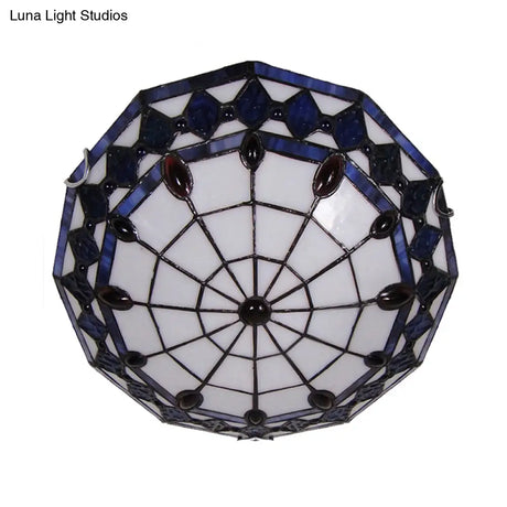 Vintage Tiffany Style Stained Glass Flush Ceiling Light - 3 Lights Art Deco Design Rhombus Pattern