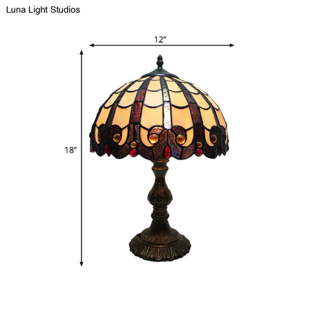 Vintage Tiffany-Style Stained Glass Table Light With Antique Brass Dome For Bedroom Nightstand