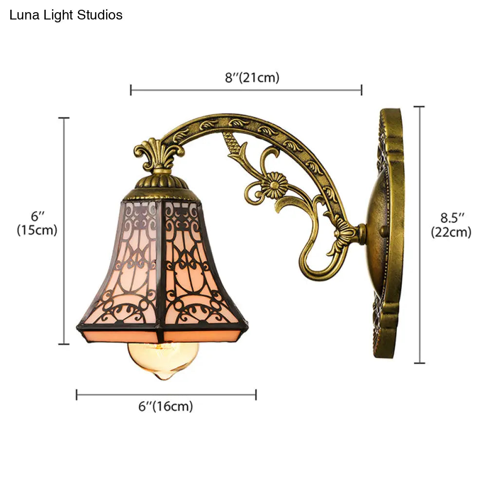 Vintage Tiffany Wall Lamp With Carved Arm & Art Glass Bell - Outdoor Black Light