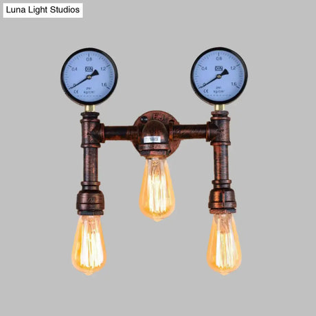 Vintage Water Pipe Metal Wall Sconce Lamp In Copper - 3 Bulbs Light Fixture With 2-Gauge Deco