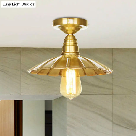 Vintage Waveforms/Scalloped Shade Semi Flush Ceiling Light - Brass Finish 8’/9.5’ W Metal Fixture