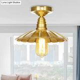 Vintage Waveforms/Scalloped Shade Semi Flush Ceiling Light - Brass Finish 8’/9.5’ W Metal Fixture