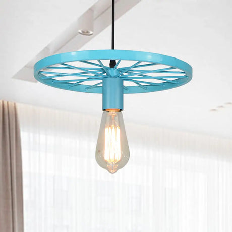 Vintage Wheel Decorated Bare Bulb Ceiling Light In Blue/Yellow: Wrought Iron Pendant Lamp Blue