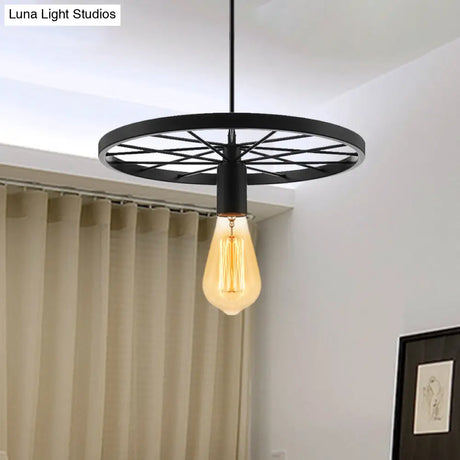 Vintage Wheel Decorated Bare Bulb Ceiling Light In Blue/Yellow: Wrought Iron Pendant Lamp