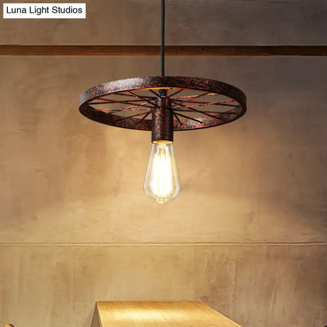 Vintage Wheel Decorated Bare Bulb Ceiling Light In Blue/Yellow: Wrought Iron Pendant Lamp