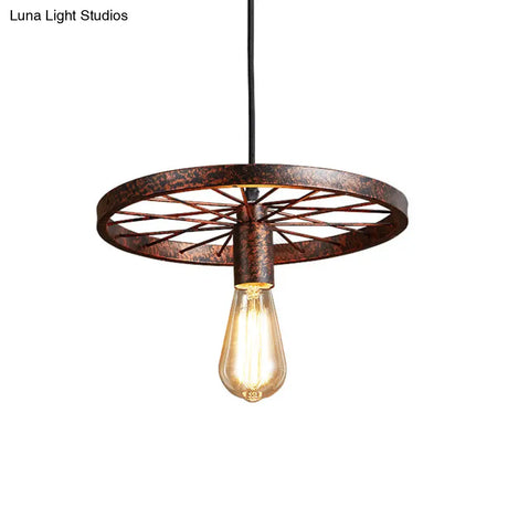 Vintage Wheel Decorated Bare Bulb Ceiling Light In Blue/Yellow: Wrought Iron Pendant Lamp