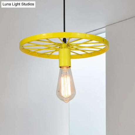 Vintage Wheel Decorated Bare Bulb Ceiling Light In Blue/Yellow: Wrought Iron Pendant Lamp