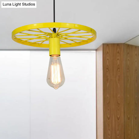 Vintage Wheel Decorated Bare Bulb Ceiling Light In Blue/Yellow: Wrought Iron Pendant Lamp
