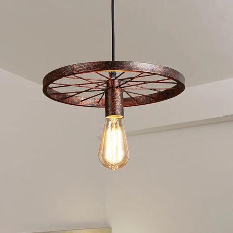 Vintage Wheel Decorated Bare Bulb Ceiling Light In Blue/Yellow: Wrought Iron Pendant Lamp Rust