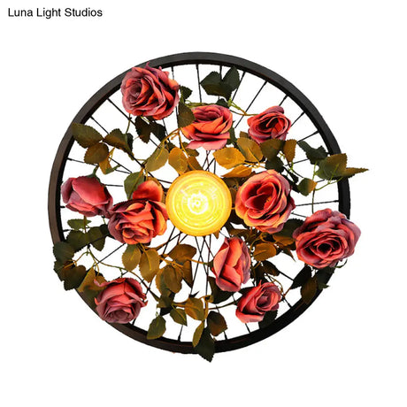 Vintage Wheel Wall Mount Led Rose Sconce Light In Black For Restaurants